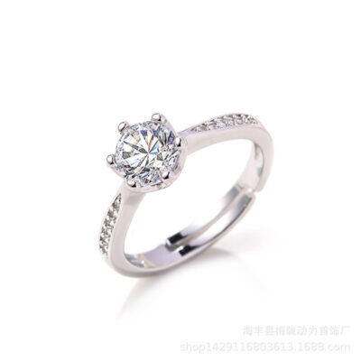 Nhẫn cưới sáu móng tinh tế của Nhật Bản và Hàn Quốc nhẫn mở xu hướng đơn giản Mô phỏng Moissanite nhẫn đôi zircon trang sức bán buôn