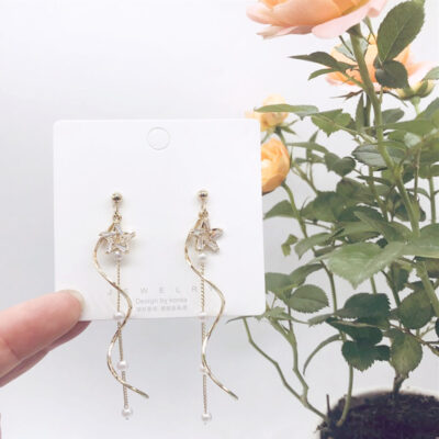 Bạc 925 Kim Tính Khí Hàn Quốc Bông Tai Nữ Nhẹ Sang Trọng Mỏng Cá Tính Bông Tai Kim Cương Giả Pentagram Bông Tai Tua Rua Ngọc Trai