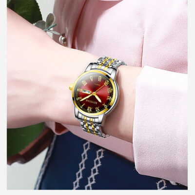 Đồng hồ nữ học sinh màu đỏ lưới hoàn toàn tự động phiên bản Hàn Quốc đơn giản không thấm nước dạ quang lịch đôi đồng hồ không cơ