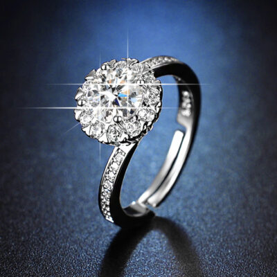 Túi tròn cánh tay xoắn nụ hoa nhỏ khảm vi mô mô phỏng kim cương một carat nhẫn nữ pavé bông hoa đầu tiên nhẫn kim cương retro