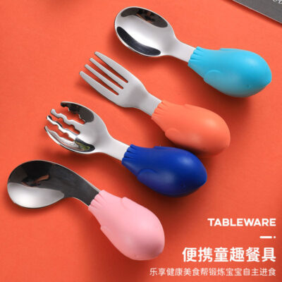 Thông quan chế biến cho bé tay cầm bằng silicon thìa nĩa thìa inox 304 huấn luyện cho bé tay cầm ngắn thìa nĩa bộ đồ ăn trẻ em