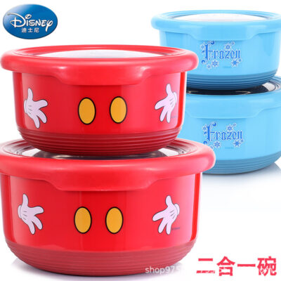 Bát trẻ em Disney Bộ đồ ăn bát inox có nắp bát cho bé nhà bé dễ thương chống rơi cho bé bát ăn