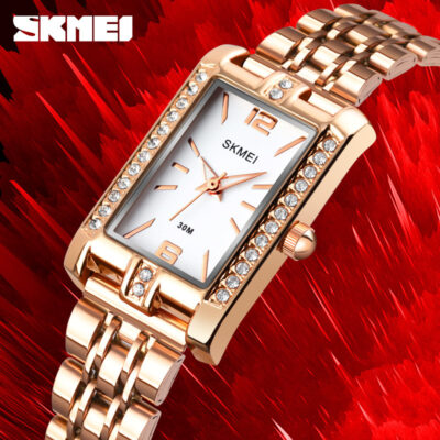 Khoảnh khắc đẹp Skmei cá tính thời trang tất cả các trận đấu vàng hồng nạm kim cương nữ học sinh đồng hồ thạch anh dây thép vuông nhỏ