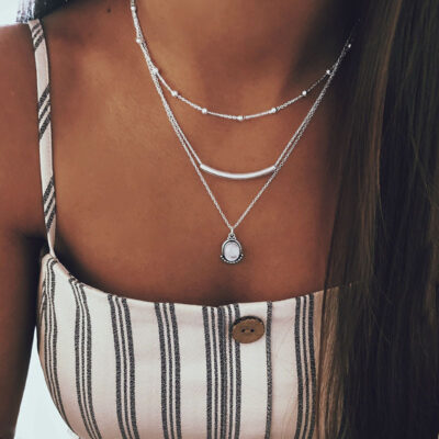 Trang sức xuyên biên giới châu Âu và châu Mỹ Bohemian mới retro đơn giản nhiều lớp giọt nước đá quý hình chữ U ống mặt dây chuyền vòng cổ