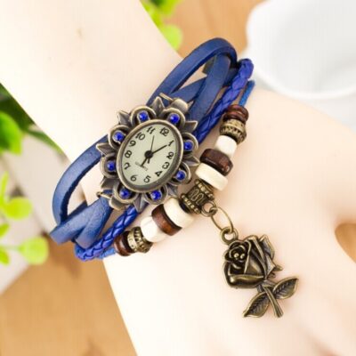 Mới Retro Bện Da Bò Đồng Hồ Nữ Kim Cương Hoa Hồng Da Mặt Dây Chuyền Vòng Tay Đồng Hồ Đồng Hồ Nữ