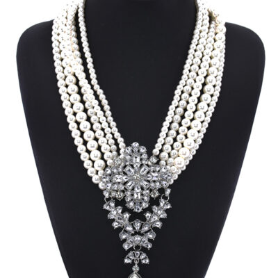 Châu Âu và Mỹ thương hiệu lớn nhiều lớp pha lê ngọc trai đá quý giọt nước mặt dây chuyền xương đòn ngắn vòng cổ thời trang phóng đại trang sức bán buôn