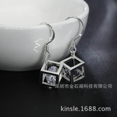 Bạc Zircon Pha Lê Hình Học Khối Lập Phương Bông Tai Lưới Ngoại Thương Eaby Nổ Trang Sức Thời Trang E583