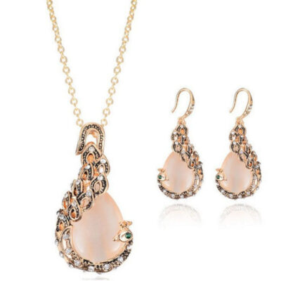 Xuyên biên giới dành riêng cho châu Âu và Hoa Kỳ trang sức mới vòng cổ giọt nước cổ điển bông tai hai mảnh bộ kim cương con công opal bộ