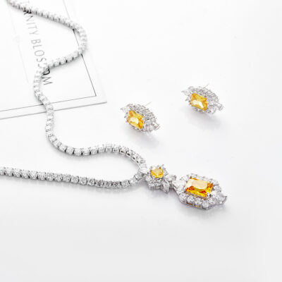 Thời Trang Vàng Champagne Tinh Tế Cô Dâu Vòng Cổ Đính Đá Zircon Bộ Bông Tai Áo Cưới Phụ Kiện Ăn Tối Đầm Trang Sức