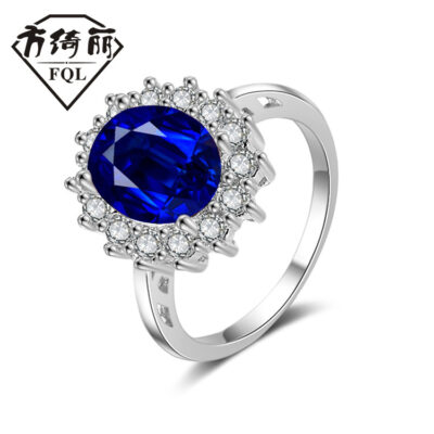 CHÚC Ngoại Thương Trang Sức Âu Mỹ Phổ Biến Nhẫn Đính Đá Zircon Xanh Dương Vàng Thật Nhẫn Bán Buôn