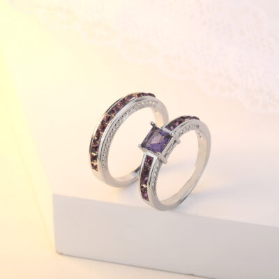 Zhenrong ebay Bán chạy nhất Bộ nhẫn công chúa dát thạch anh tím kim cương vuông Châu Âu và Mỹ Thời trang nữ đầy đủ kim cương
