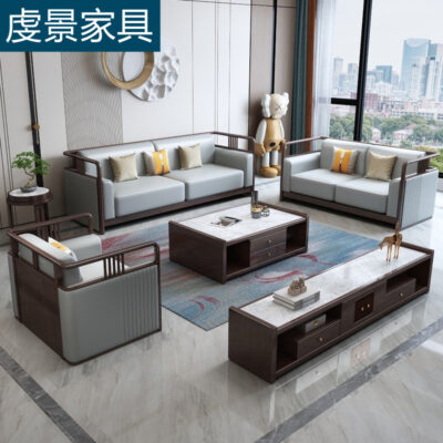 Sofa kiểu Trung Quốc mới kết hợp hiện đại tối giản hiện đại loại căn hộ lớn và nhỏ kiểu Trung Quốc toàn bộ ghế sofa bằng gỗ nguyên khối phòng khách vải trọn bộ đồ nội thất