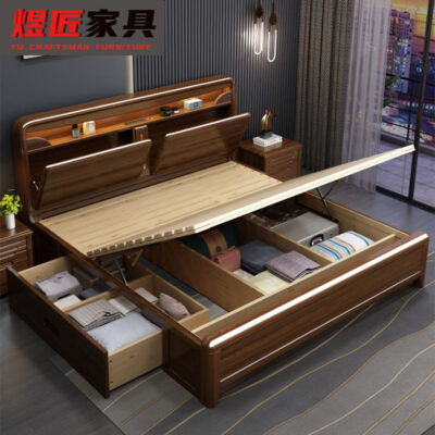 Lụa Vàng Gỗ Đàn Hương Gỗ Chắc Chắn Giường Phong Cách Trung Hoa Phòng Ngủ Chính Giường Đôi 1.8M Đơn Giản Hiện Đại Cao 1.5M Hộp Lưu Trữ hôn Nhân Giường