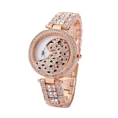 Douyin thương mại nước ngoài vành đai thép mới kim cương đồng hồ nữ thời trang rhinestone bề mặt da báo hoa văn da báo đầy kim cương Tiếng Anh đồng hồ bán buôn