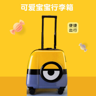 Các nhà sản xuất bán buôn phim hoạt hình người đàn ông mắt to màu vàng vali phổ bánh xe đẩy trẻ em khóa mật khẩu vali học sinh tiểu học