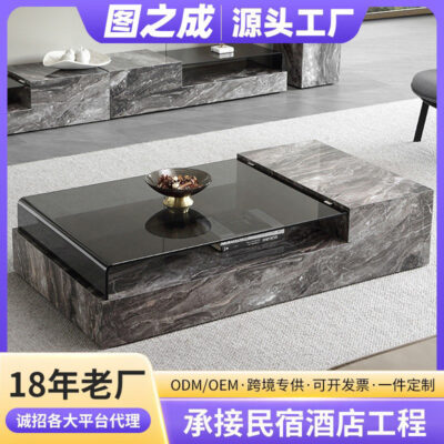Ý ánh sáng sang trọng đá tấm bàn cà phê hình chữ nhật căn hộ nhỏ phòng khách Venice nâu thiết kế bàn cà phê tủ TV