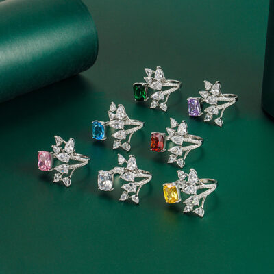 Mới Phong Cách Âu Mỹ Retro Mô Phỏng Màu Kho Báu Hình Hoa Trang Sức Nhẫn Nữ Khảm Sapphire Hồng Ngọc Vòng Mở