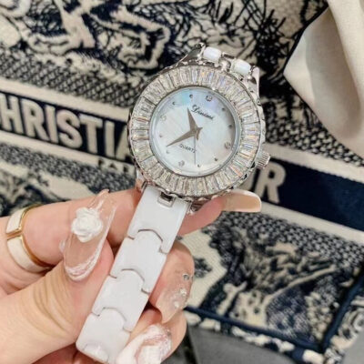 Timiny White Full Ceramic Belt Watch Ladies Mặt xà cừ Kim cương Thời trang Ánh sáng Sang trọng Niche Đồng hồ đeo tay nữ Rhinestone sang trọng