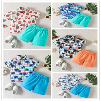 Bộ đồ bé trai mùa hè 2023 mới trẻ em quần áo trẻ em đẹp trai quần áo mùa hè lưới đỏ đi biển bộ đồ hai mảnh ngắn tay