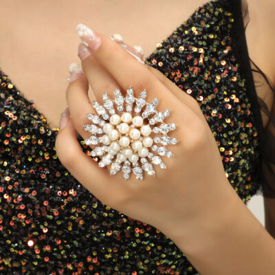 Thích Hợp Cá Tính Phóng Đại Bohemian Phong Cách Dân Tộc Nhẫn Thời Trang Âu Mỹ Sáng Tạo Kim Cương Ngọc Trai Nhẫn Có Thể Điều Chỉnh