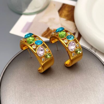 Hoa tai cá tính thiểu số khảm đá quý màu hình chữ C chính gốc châu Âu và Mỹ khí chất phóng đại phụ kiện tai cao cấp