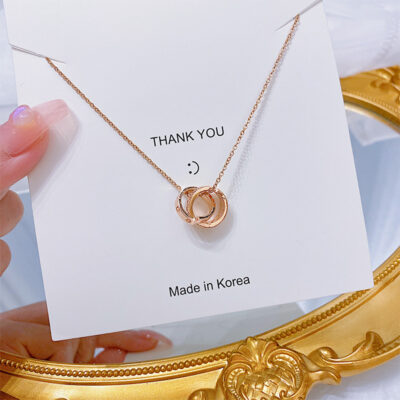 Vòng cổ lồng vào nhau nhẫn vàng hồng thời trang phong cách Nhật Bản và Hàn Quốc Nhẫn đôi dây chuyền xương đòn ngắn dát kim cương giả siêu nhỏ dành cho nữ