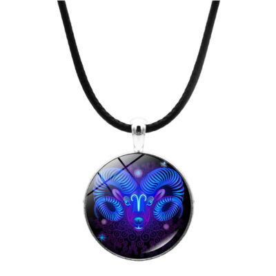 Sản phẩm mới quốc tế mười hai chòm sao thời gian đá quý dây da vòng cổ thời gian đá quý dây da áo len dây chuyền trang sức mặt dây chuyền