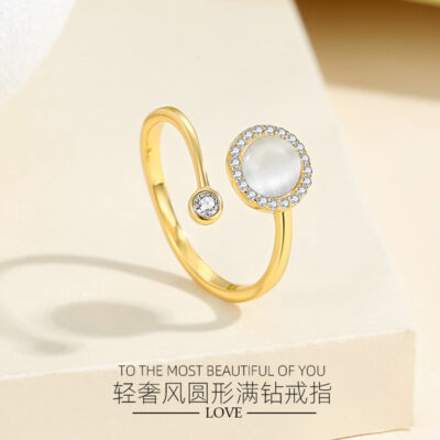 Thời trang Đẹp sang trọng phong cách nhẫn tròn đầy kim cương bạc S925 thiết kế hình học nhẫn nữ cao cấp khí chất trang sức nữ thanh lịch