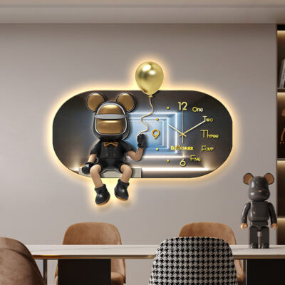 Bạo Lực Gấu Đồng Hồ Tranh Trang Trí Bắc Âu Ánh Sáng Sang Trọng Đèn LED Chiếu Sáng Tranh Phòng Khách Sáng Tạo Phòng Trẻ Em Hoạt Hình Nhà Hàng Đồng Hồ