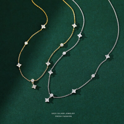 Bạc S925 Đính Đá Zircon Cỏ Bốn Lá Vòng Cổ Nữ Nhẹ Sang Trọng Gió Lạnh Lưới Đỏ INS Gió Tua Rua Xương Đòn Dây Chuyền Bán Buôn