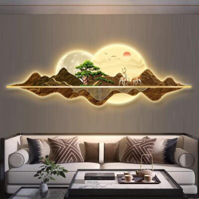 Tranh trang trí phòng khách kiểu Trung Quốc mới bức tranh đèn LED khí quyển cấp cao cảm giác bức tranh tường chào đón cây thông sofa nền bức tranh đèn tường