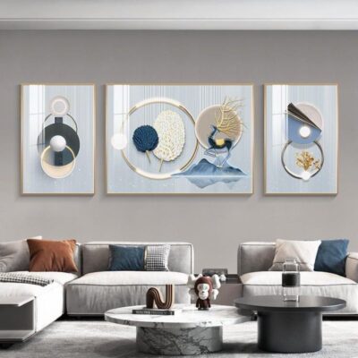 Sofa phòng khách nền tường sơn trang trí ánh sáng sang trọng phòng khách đơn giản sofa treo tranh pha lê lớn bức tranh sứ bộ ba tranh treo tường