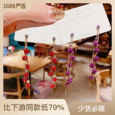 S925 Kim Bạc Bông Tai Hoa Hồng Hoa Hàn Quốc Dongdaemun Bông Tai Tua Dài Đơn Giản Hợp Thời Trang Người Nổi Tiếng Trên Internet Bông Tai Đa Năng