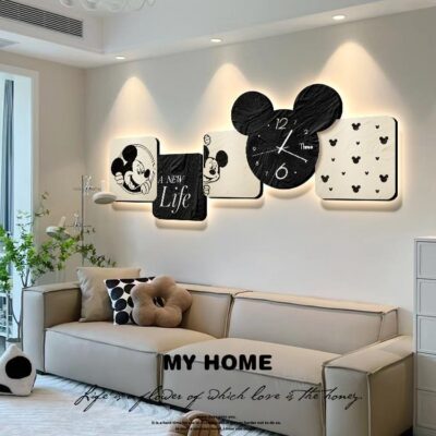 Phong cách Bắc Âu màu kem Mickey bức tranh trang trí phòng khách có đồng hồ nhân vật hoạt hình đèn led vẽ tranh nền sofa treo tường bức tranh