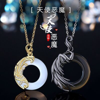 Thiên Thần Quỷ Cặp Đôi Vòng Cổ Thời Trang Obsidian Opal Mặt Dây Chuyền Nam Nữ Đôi Khóa An Toàn Vòng Cổ Cổ