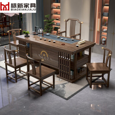 Phong cách Trung Quốc mới chắc chắn bàn trà gỗ kết hợp ghế trà văn phòng hiện đại đơn giản bàn trà bộ bàn ghế phòng trà bán buôn