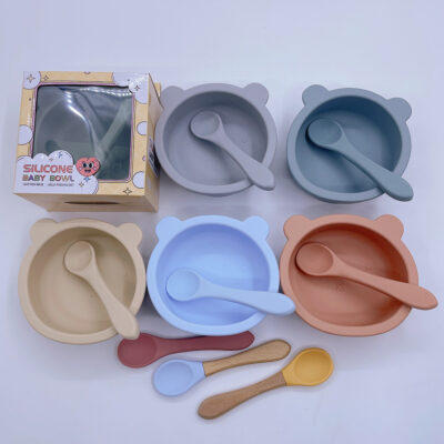 Điểm Silicone Cho Bé Bổ Sung Bát Thức Ăn Vi Sóng Máy Rửa Bát Trẻ Em Bộ Đồ Ăn Silicone Cho Bé Hút Gấu Bát