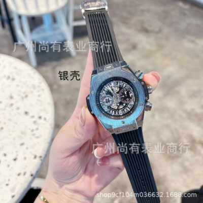 Đồng hồ nam Hublot Sáu kim có lịch & Khóa đôi nguyên bản với dây đeo silicon Đồng hồ thạch anh