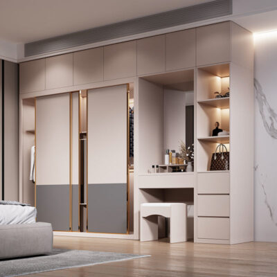 Tủ quần áo cửa trượt nhà phòng ngủ hiện đại tối giản cửa trượt kem cà vạt bàn máy tính bàn trang điểm ánh sáng tủ quần áo sang trọng