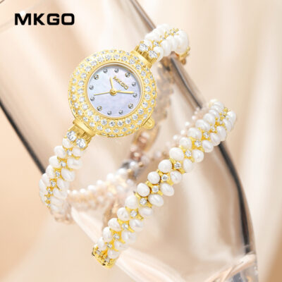 MKGO Mogao đồng hồ tinh tế và nhỏ gọn ngọc trai nước ngọt với ánh sáng xà cừ sang trọng đồng hồ đeo tay nữ đính kim cương đầy đủ không thấm nước