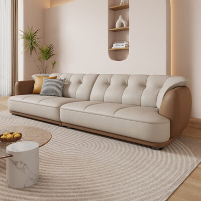 Ghế sofa da Phong cách Ý tối giản đầu lớp da bò phòng khách hiện đại đơn giản Bắc Âu hàng thẳng da nghệ thuật ba người phong cách kem