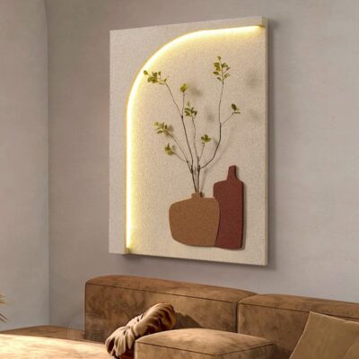 Bức tranh trang trí phòng khách gió Wabi Sabi Bức tranh sa thạch ba chiều ánh sáng sang trọng với ánh sáng hiên treo bức tranh cây xanh nền sofa bức tranh treo tường