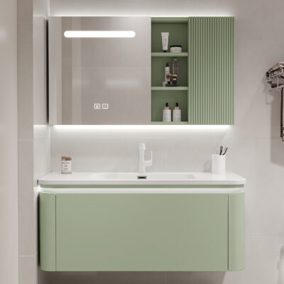 Corian Một Lưu Vực Gỗ Sồi Nướng Sơn Tủ Phòng Tắm Kết Hợp Đá phiến Gốm Một Lưu Vực Rửa Bàn Rửa Phòng Tắm