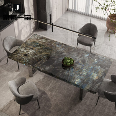 Bàn ăn titan màu xanh ngọc lục bảo sang trọng đá cẩm thạch tự nhiên Ý thiết kế tối giản phong cách biệt thự lớn bàn ăn phẳng lớn