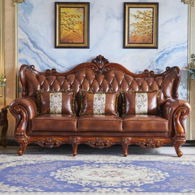 Sofa da phong cách Châu Âu mới phòng khách kết hợp gỗ nguyên khối hai mặt chạm khắc lớp đầu da bò quy mô lớn Nội thất kiểu Mỹ