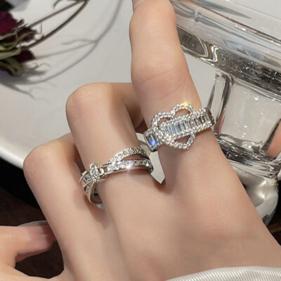 Tình Yêu Cao Cấp Chéo Nhẫn Đính Đá Zircon Nữ Ins Phong Cách Lạnh Thích Hợp Ngón trỏ Nhẫn Ánh Sáng Sang Trọng Tinh Tế Vòng Mở