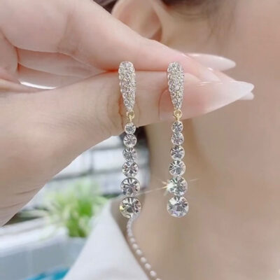 S925 kim bạc thiết kế Hàn Quốc cảm giác đơn giản dài rhinestone bông tai đơn giản đầy đủ kim cương giọt nước mặt dây chuyền tính khí bông tai