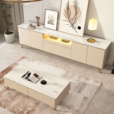 Tủ tivi đá phiến cao đơn giản hiện đại kết hợp bàn cà phê căn hộ nhỏ ánh sáng sang trọng phòng khách phòng ngủ kem gió gỗ nguyên khối