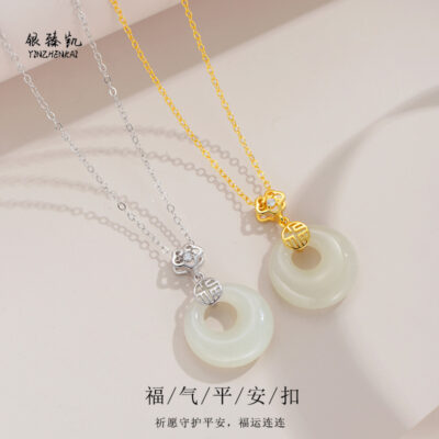 Bạc 925 Cung Điện Chúa Phù Hộ Khóa An Toàn Vòng Cổ Nữ Ngọc Hetian Tự Nhiên Mặt Dây Chuyền Ánh Sáng Sang Trọng Phong Cách Cổ Nam Bạn Gái Bạn Gái