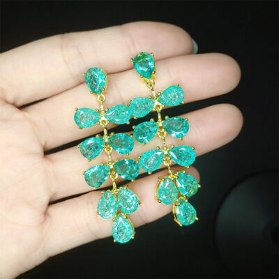 Hoa tai nho xanh hình con công bán chạy ở Châu Âu và Hoa Kỳ Bông tai băng kim cương nứt cao cấp sang trọng hình lá giọt nước màu kho báu